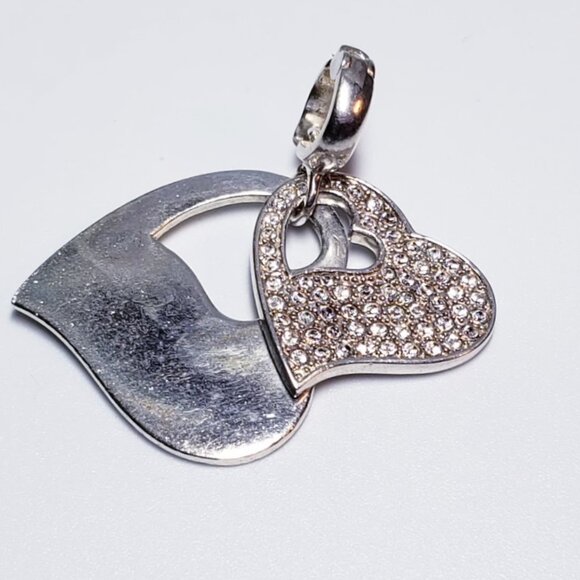 Vintage Sterling Silver Double Cut Out CZ Heart Pendant - Picture 3 of 7